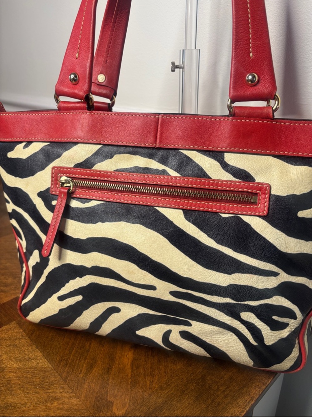 Dooney & Bourke Red Leather Trim Zebra-Print Tote Bag - Picture 4 of 16
